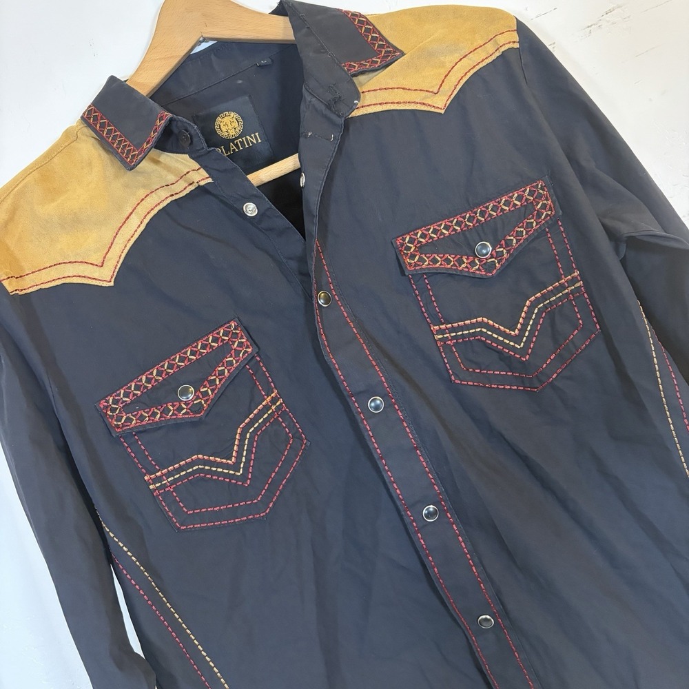 Platini Jean L Cougar Pearl Snap Embroidered Western Button Up Elbow Patch‎
